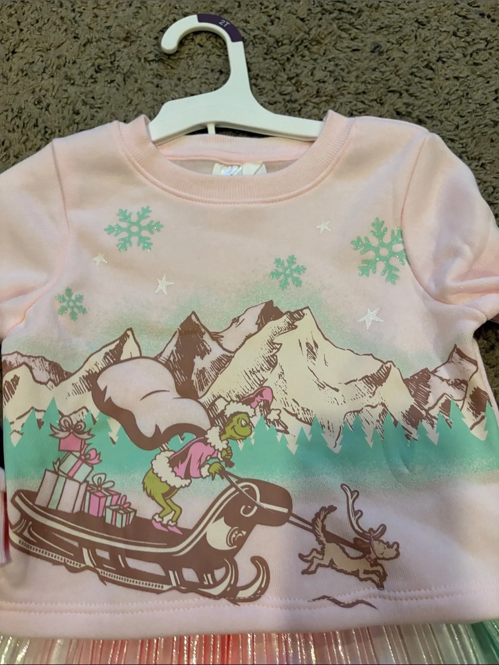 Grinch Pink sweatshirt Top with Mint /pink Iridescent Pleated Skirt